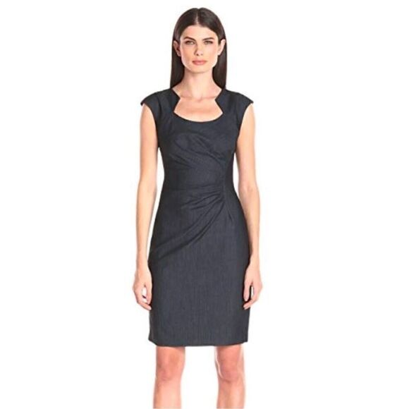 Calvin Klein Side Ruched Cap Sleeve Classic Black Mini Sheath Dress - Picture 4 of 12